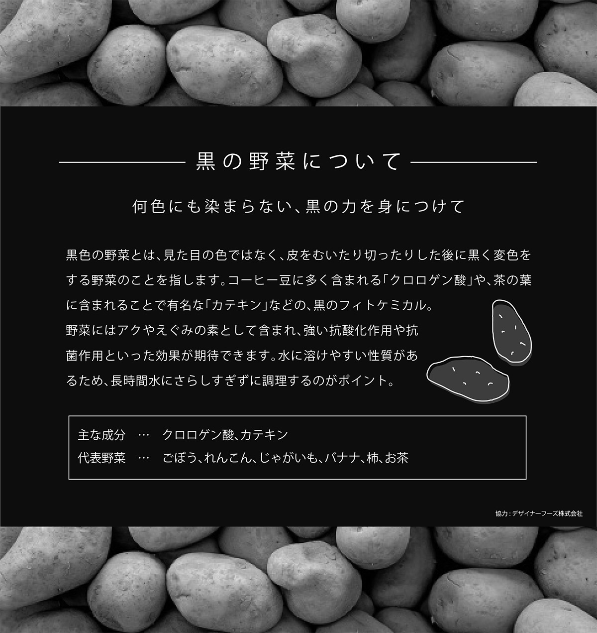 黒の野菜について 黒色の野菜とは、見た目の色ではなく、皮をむいたり切ったりした後に黒く変色をする野菜のことを指します。コーヒー豆に多く含まれる「クロロゲン酸」や、茶の葉に含まれることで有名な「カテキン」などの、黒のフィトケミカル。
野菜にはアクやえぐみの素として含まれ、強い抗酸化作用や抗菌作用といった効果が期待できます。水に溶けやすい性質があるため、長時間水にさらしすぎずに調理するのがポイント。主な成分　…　クロロゲン酸、カテキン 代表野菜　…　ごぼう、れんこん、じゃがいも、バナナ、柿、お茶